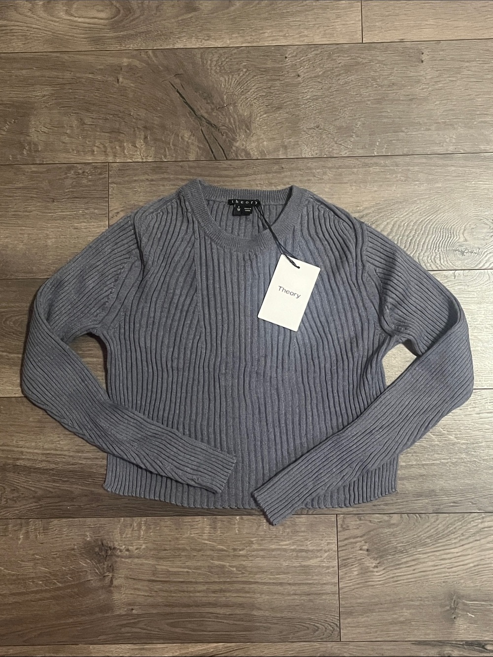 Theory Alpaca Silk Blend Ribbed Long-Sleeve Cropped Gray Crewneck Sweater